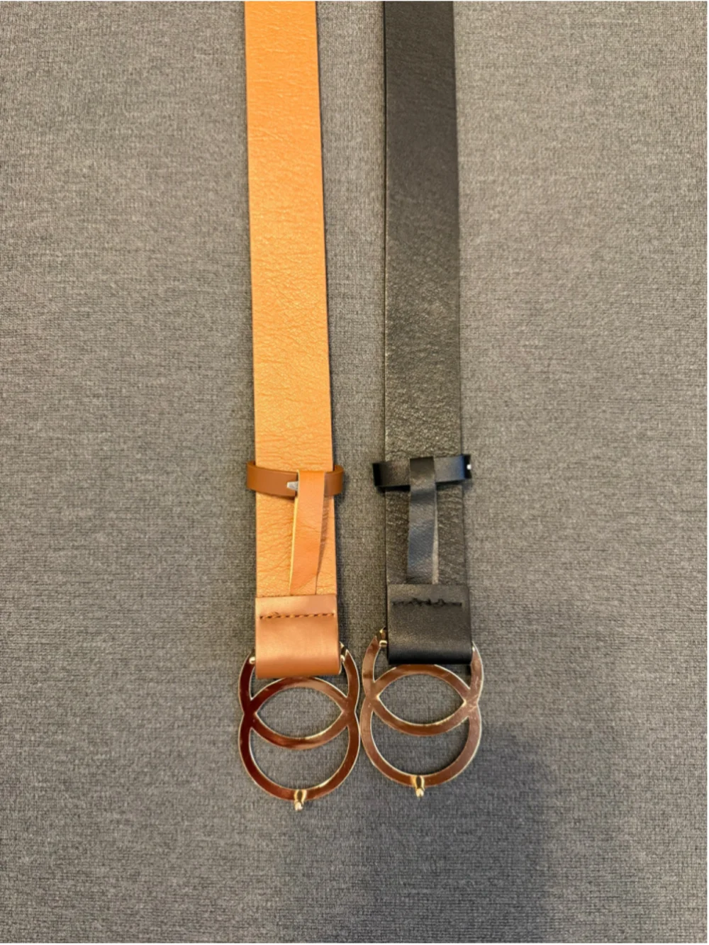 2 faux leather belts distinctive gold-toned double O-ring buckle black brown